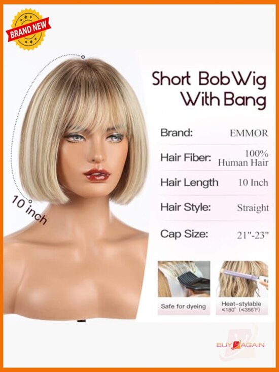 100% Human Hair Shoulder Length Bob Wig with Bangs, Breathable Cap, Daily Wear